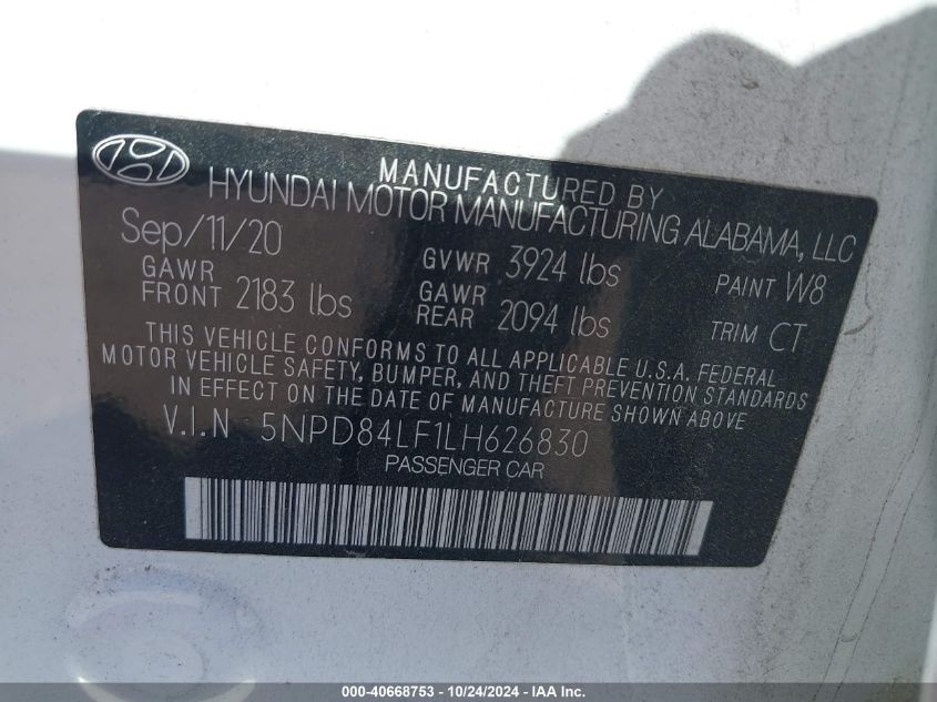 2020 Hyundai Elantra Sel/Value/Limited VIN: 5NPD84LF1LH626830 Lot: 40668753