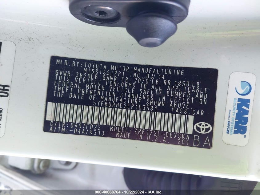 2014 TOYOTA COROLLA VIN: 5YFBURHE2EP103581
