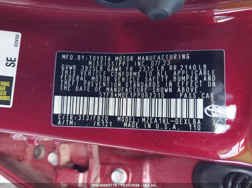 2023 Toyota Corolla Le VIN: 5YFB4MDE1PP062310 Lot: 40668776