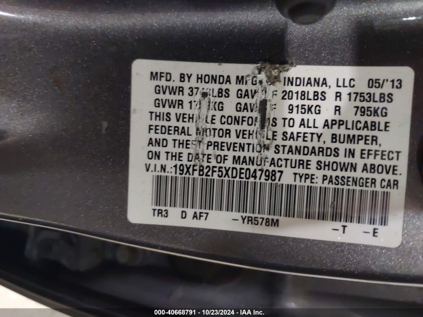 2013 Honda Civic Lx VIN: 19XFB2F5XDE047987 Lot: 40668791