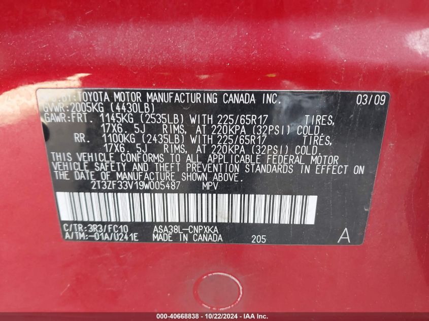 2009 Toyota Rav4 VIN: 2T3ZF33V19W005487 Lot: 40668838