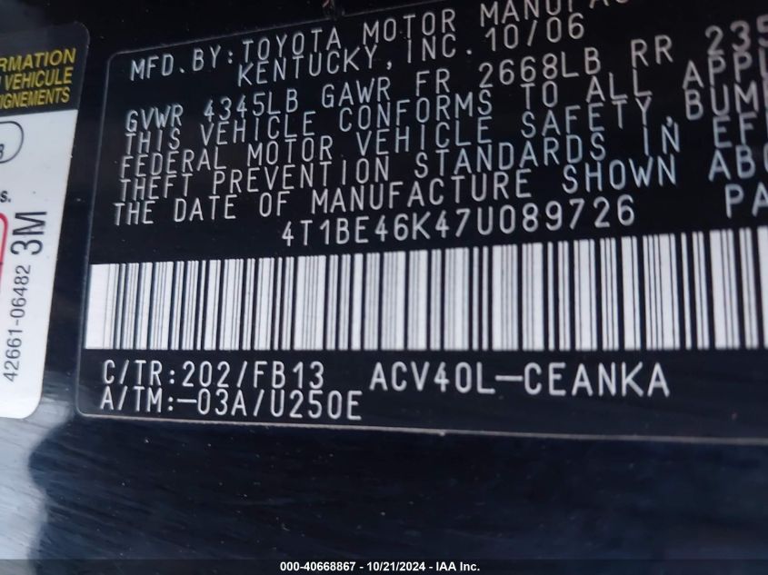 2007 Toyota Camry Le VIN: 4T1BE46K47U089726 Lot: 40668867