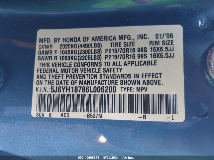 2006 Honda Element Ex-P VIN: 5J6YH18786L006200 Lot: 40668878