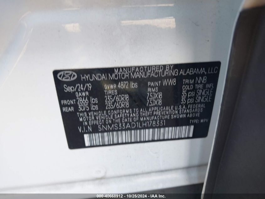 2020 Hyundai Santa Fe Sel VIN: 5NMS33AD1LH178331 Lot: 40668912