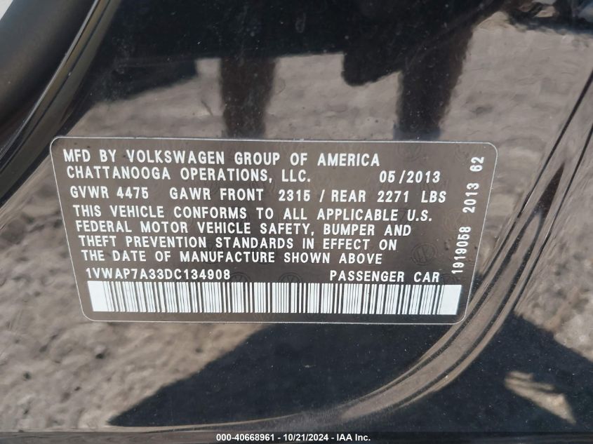 2013 Volkswagen Passat 2.5L Wolfsburg Edition VIN: 1VWAP7A33DC134908 Lot: 40668961
