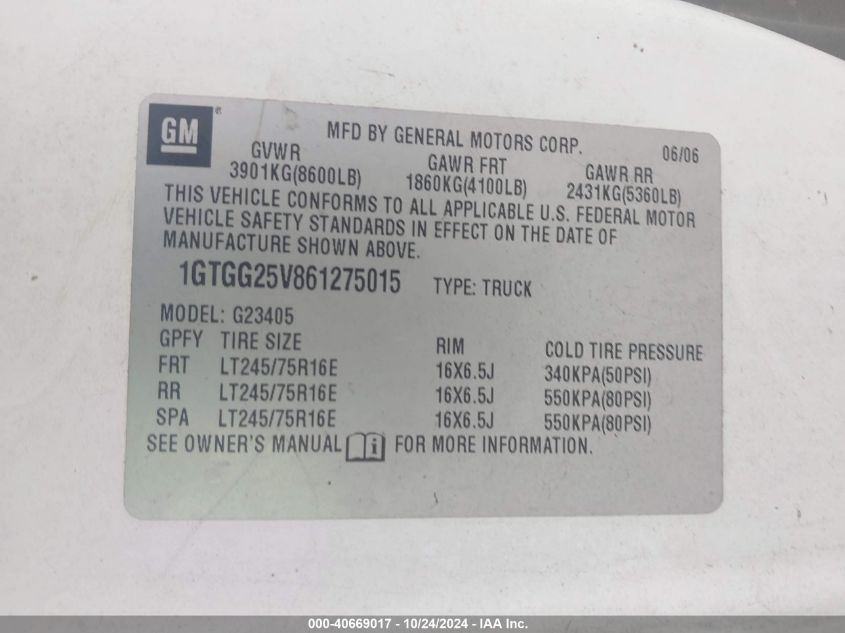 2006 GMC Savana Work Van VIN: 1GTGG25V861275015 Lot: 40669017