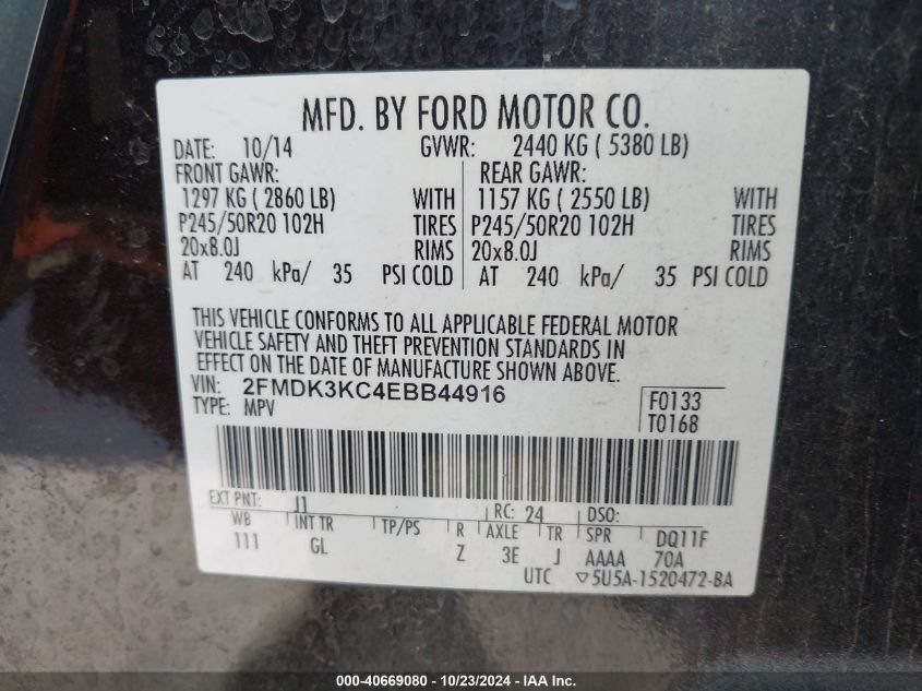 VIN 2FMDK3KC4EBB44916 2014 FORD EDGE no.9