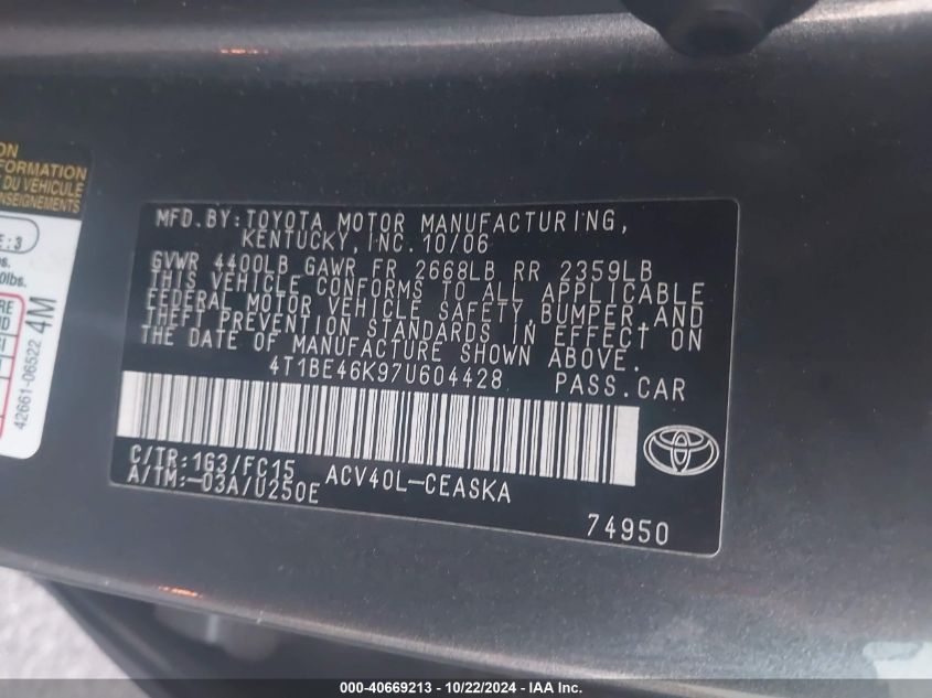 2007 Toyota Camry Se VIN: 4T1BE46K97U604428 Lot: 40669213