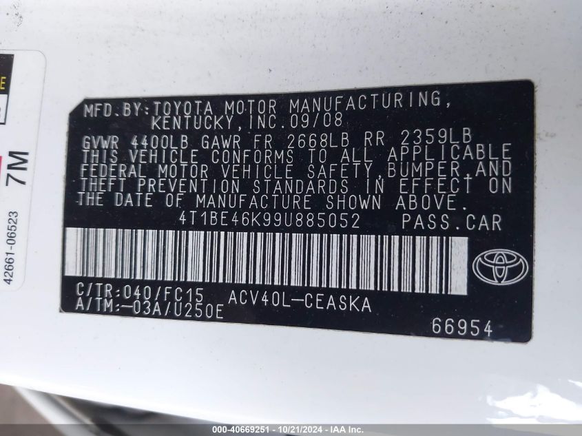 2009 Toyota Camry Se VIN: 4T1BE46K99U885052 Lot: 40669251