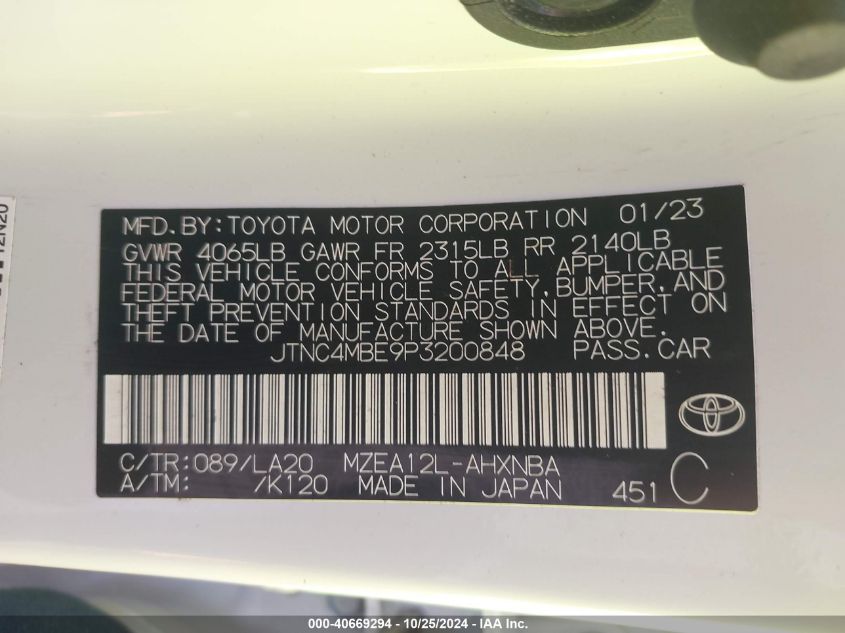 2023 Toyota Corolla Xse VIN: JTNC4MBE9P3200848 Lot: 40669294