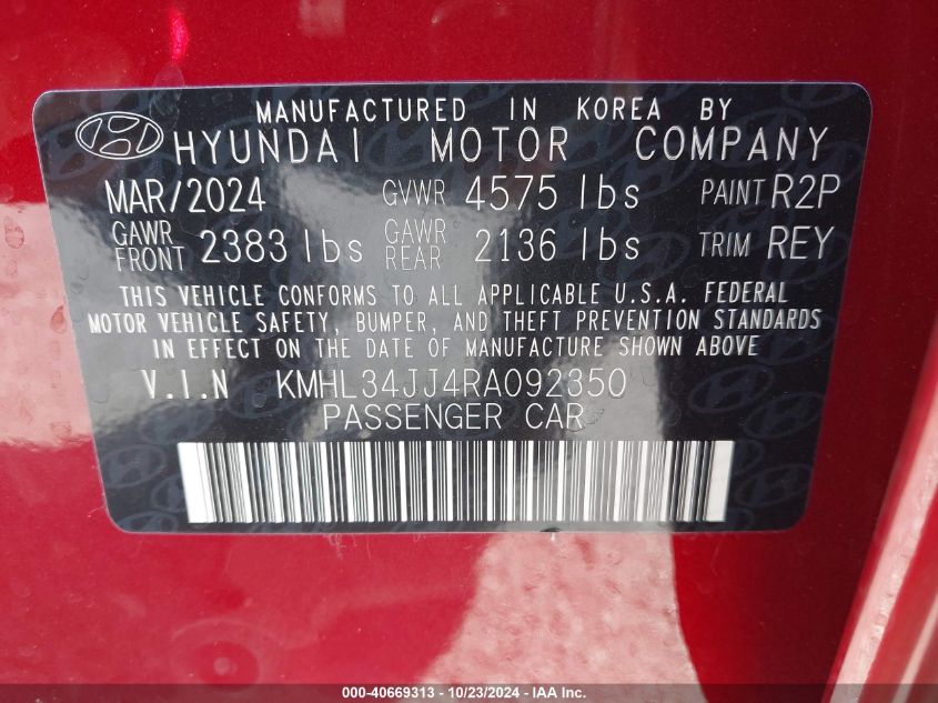 2024 Hyundai Sonata Hybrid Sel VIN: KMHL34JJ4RA092350 Lot: 40669313