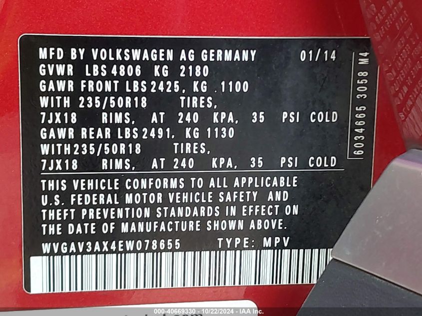 2014 Volkswagen Tiguan Sel VIN: WVGAV3AX4EW078655 Lot: 40669330