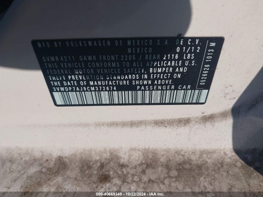 2012 Volkswagen Jetta 2.5L Se VIN: 3VWDP7AJ9CM372674 Lot: 40669349