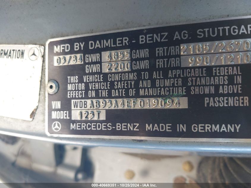1984 Mercedes-Benz 300 Tdt VIN: WDBAB93A4EF019094 Lot: 40669351