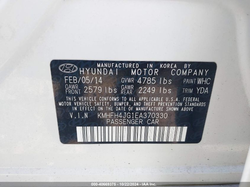 2014 Hyundai Azera Limited VIN: KMHFH4JG1EA370330 Lot: 40669375