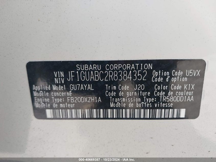 2024 Subaru Impreza Base 5-Door VIN: JF1GUABC2R8384352 Lot: 40669387