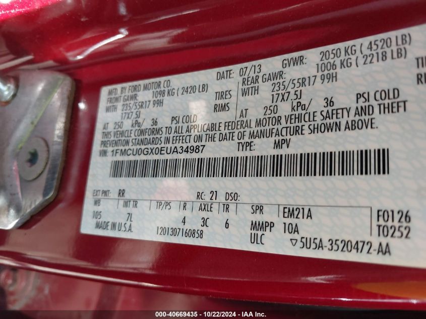 2014 Ford Escape Se VIN: 1FMCU0GX0EUA34987 Lot: 40669435