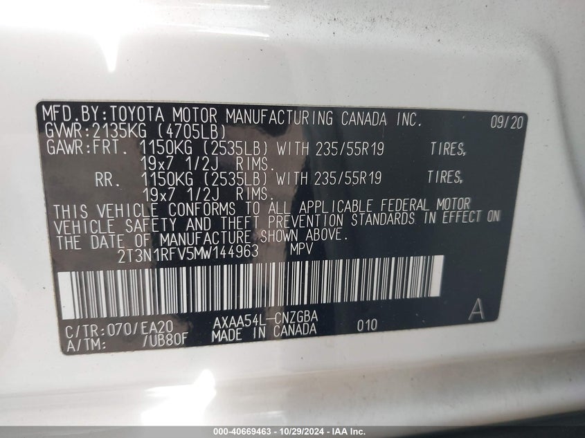 VIN 2T3N1RFV5MW144963 2021 TOYOTA RAV4 LIMITED