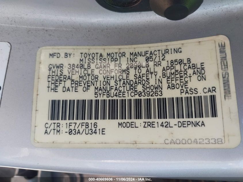 2012 Toyota Corolla Le VIN: 5YFBU4EE1CP039263 Lot: 40669606