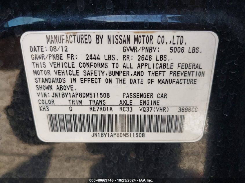 2013 Infiniti M37 VIN: JN1BY1AP8DM511508 Lot: 40669746