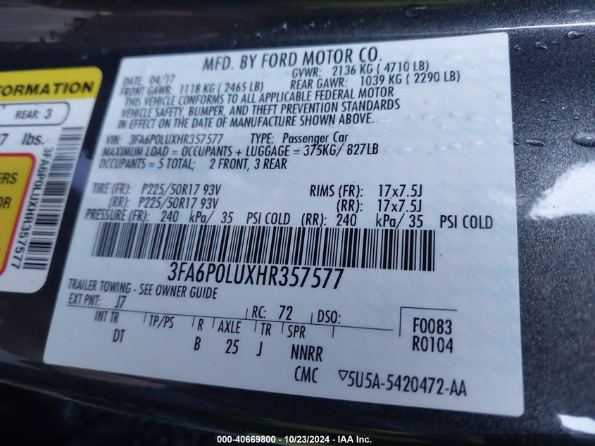 VIN 3FA6P0LUXHR357577 2017 FORD FUSION HYBRID SE