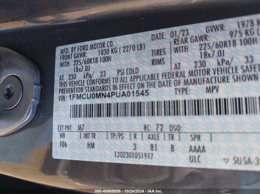 2023 Ford Escape St-Line VIN: 1FMCU0MN4PUA01545 Lot: 40669859