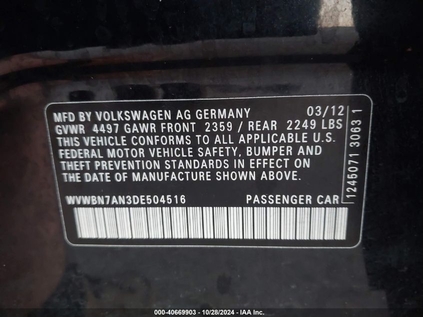 2013 VOLKSWAGEN CC VIN: WVWBN7AN3DE504516
