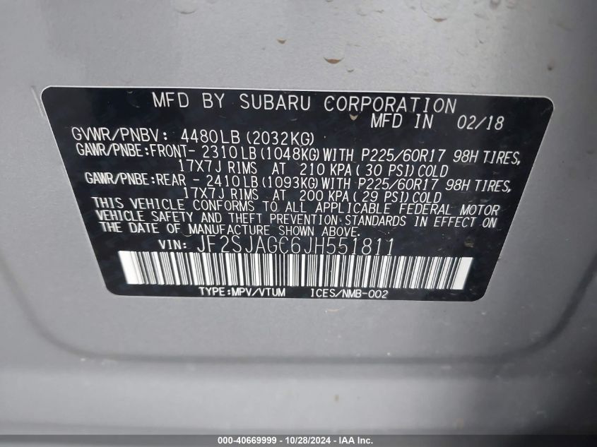 2018 Subaru Forester 2.5I Premium VIN: JF2SJAGC6JH551811 Lot: 40669999