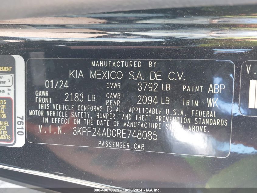 2024 Kia Forte Lxs VIN: 3KPF24AD0RE748085 Lot: 40670071