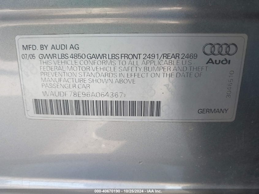 2006 Audi A4 2.0T VIN: WAUDF78E96A064367 Lot: 40670190