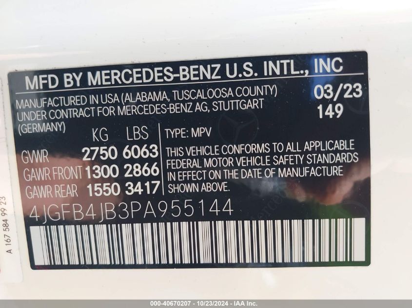 2023 Mercedes-Benz Gle 350 VIN: 4JGFB4JB3PA955144 Lot: 40670207