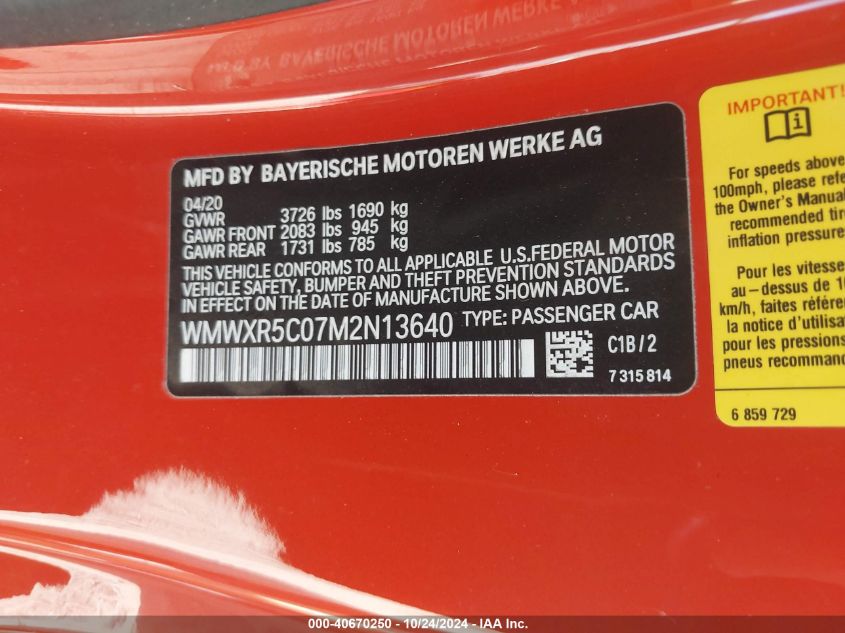 2021 Mini Hardtop Cooper S VIN: WMWXR5C07M2N13640 Lot: 40670250