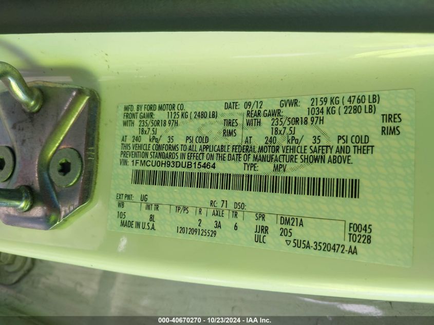 2013 Ford Escape Sel VIN: 1FMCU0H93DUB15464 Lot: 40670270