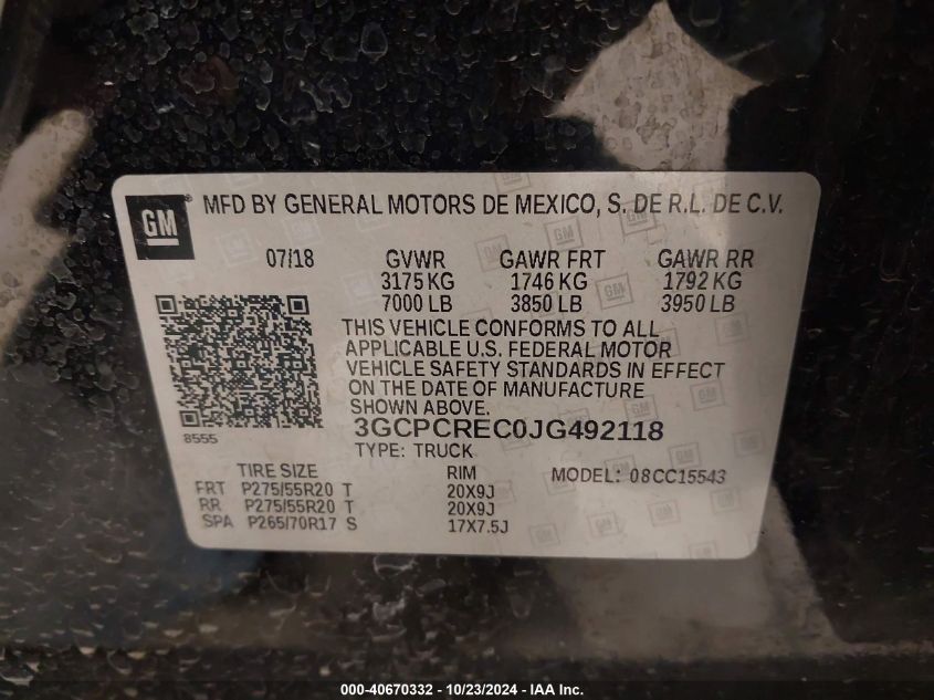 2018 Chevrolet Silverado 1500 1Lt VIN: 3GCPCREC0JG092118 Lot: 40670332