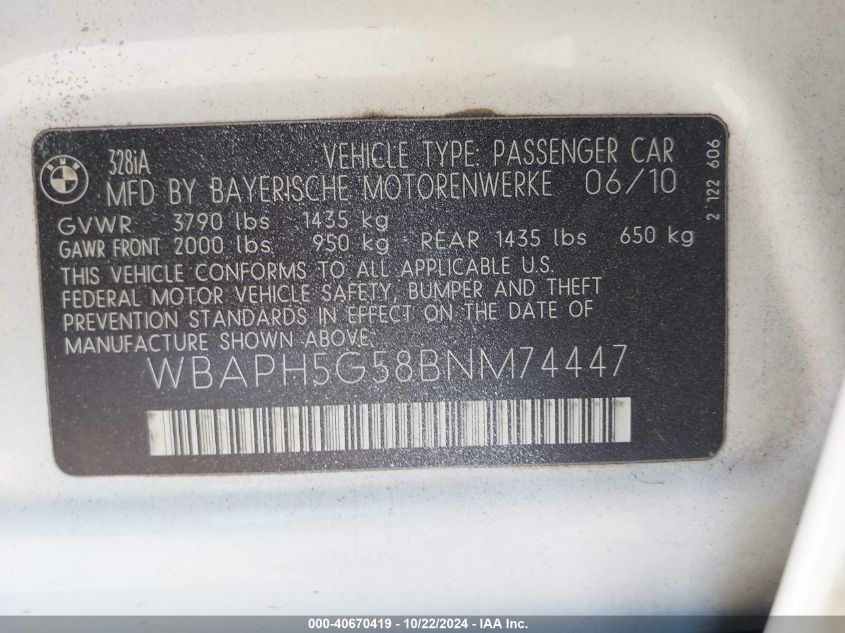 2011 BMW 328I VIN: WBAPH5G58BNM74447 Lot: 40670419