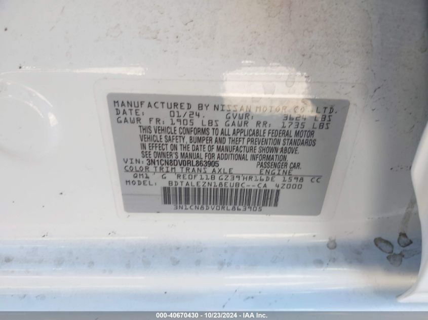 2024 Nissan Versa 1.6 S VIN: 3N1CN8DV0RL863905 Lot: 40670430