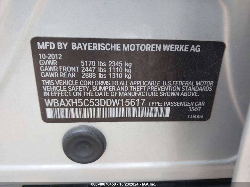 2013 BMW 528I VIN: WBAXH5C53DDW15617