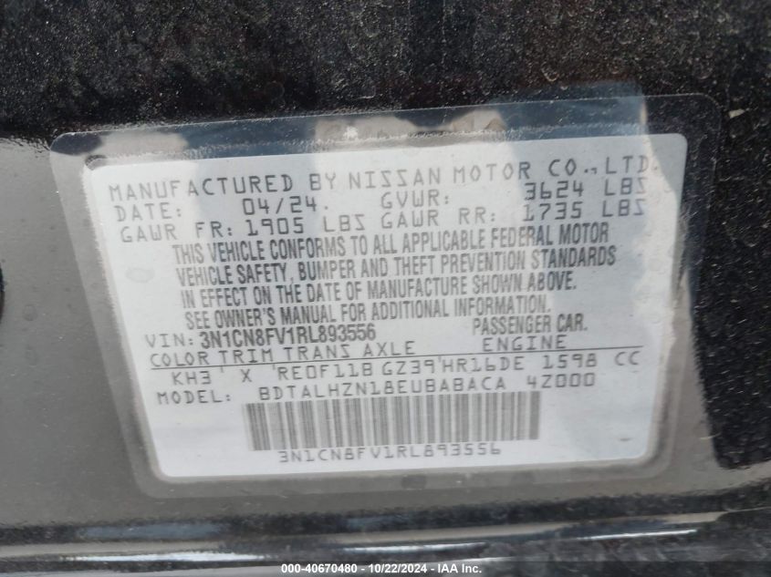 2024 Nissan Versa 1.6 Sr VIN: 3N1CN8FV1RL893556 Lot: 40670480