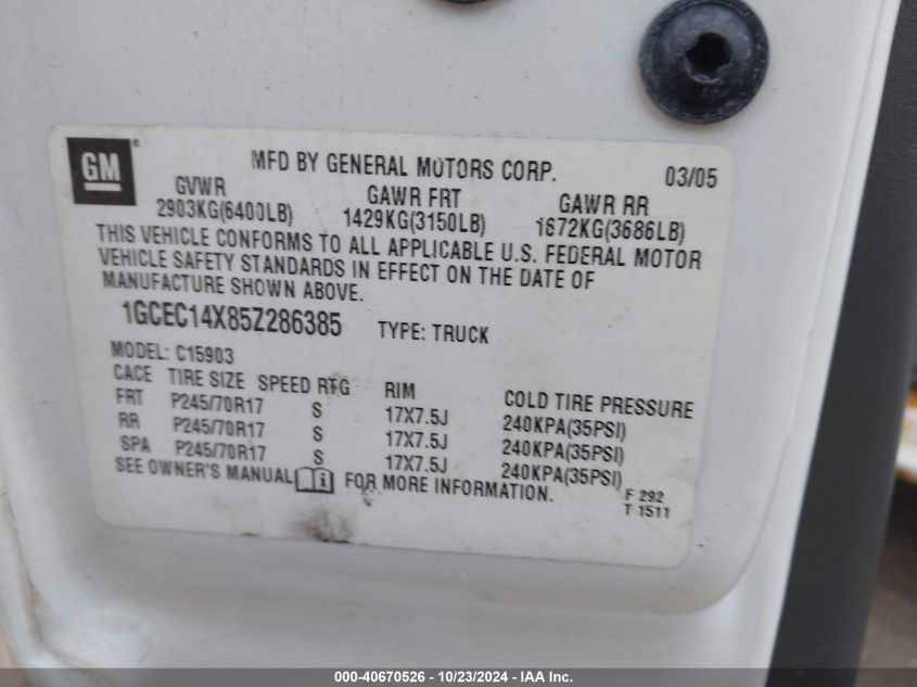 2005 Chevrolet Silverado 1500 Work Truck VIN: 1GCEC14X85Z286385 Lot: 40670526