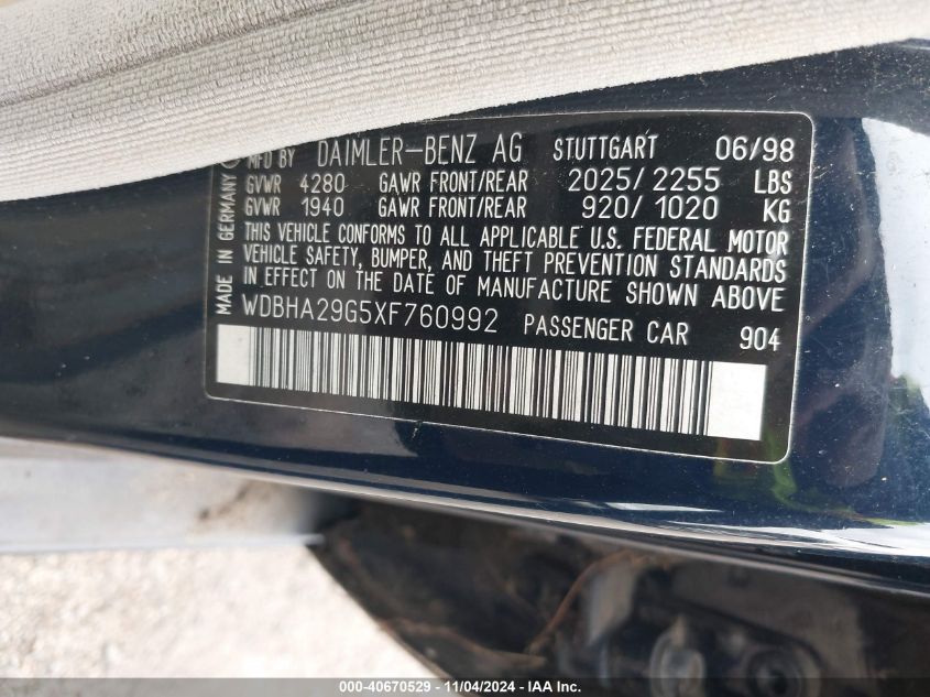 1999 Mercedes-Benz C 280 VIN: WDBHA29G5XF760992 Lot: 40670529