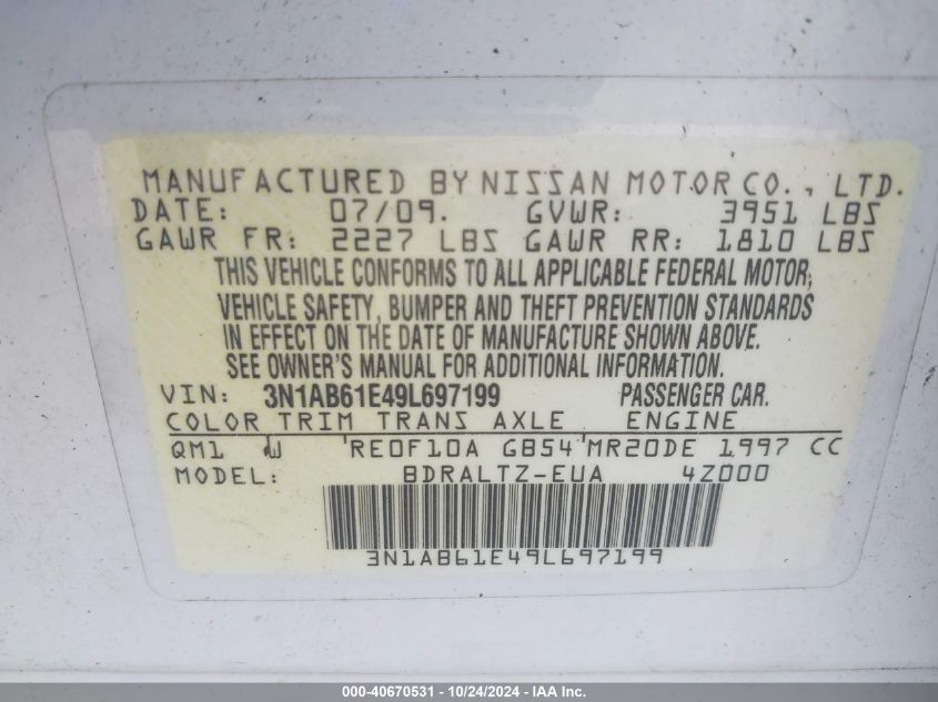 2009 Nissan Sentra 2.0Sr VIN: 3N1AB61E49L697199 Lot: 40670531