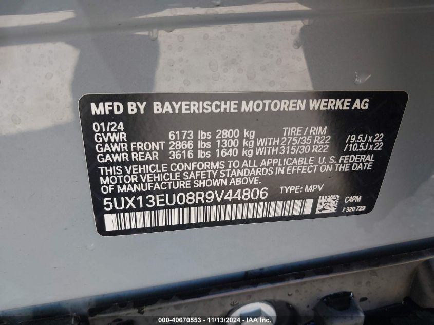 2024 BMW X5 Sdrive40I VIN: 5UX13EU08R9V44806 Lot: 40670553