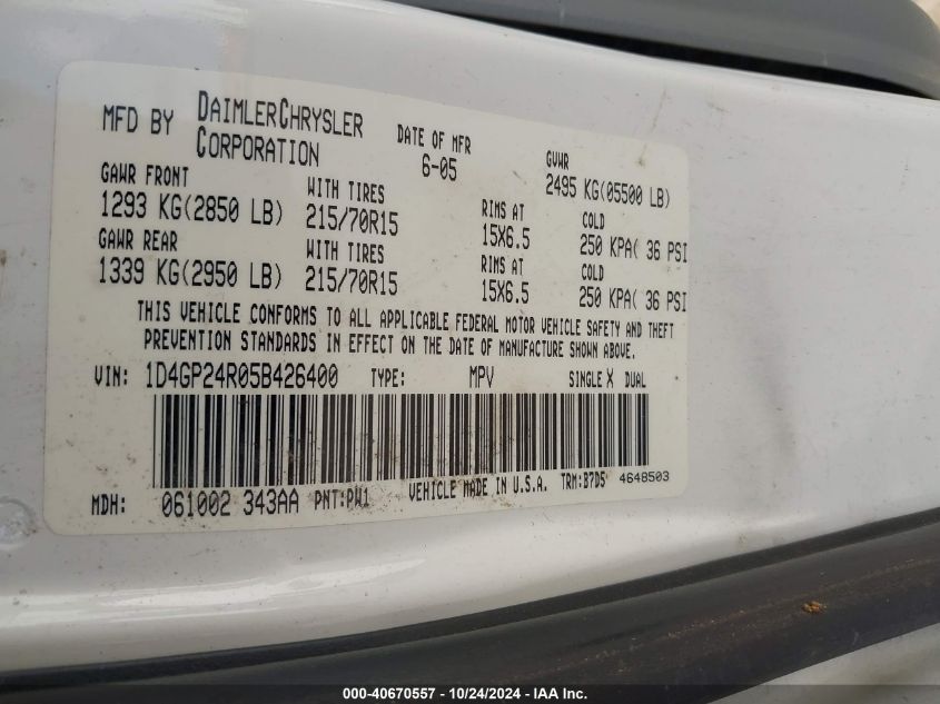 2005 Dodge Grand Caravan Se VIN: 1D4GP24R05B426400 Lot: 40670557