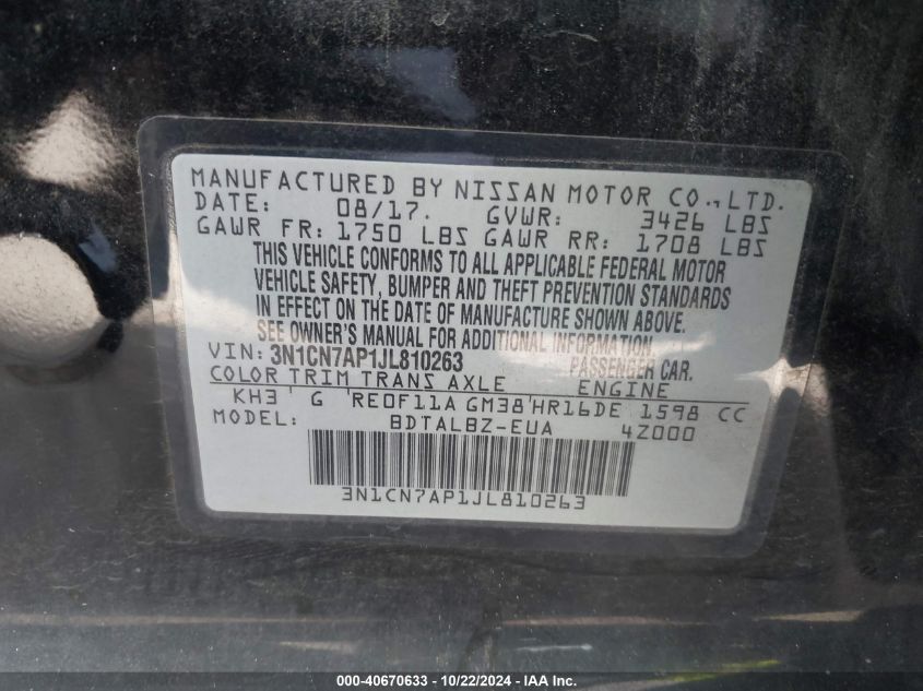 2018 NISSAN VERSA VIN: 3N1CN7AP1JL810263