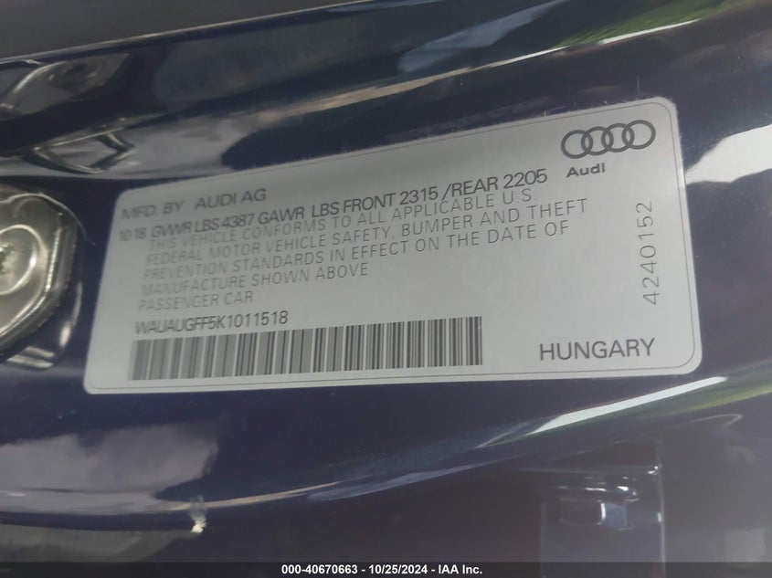 VIN WAUAUGFF5K1011518 2019 AUDI A3 40 PREMIUM/40 TITANIUM PREMIUM
