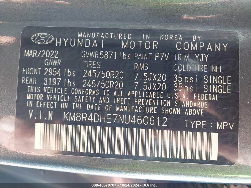 2022 Hyundai Palisade Sel VIN: KM8R4DHE7NU460612 Lot: 40670707