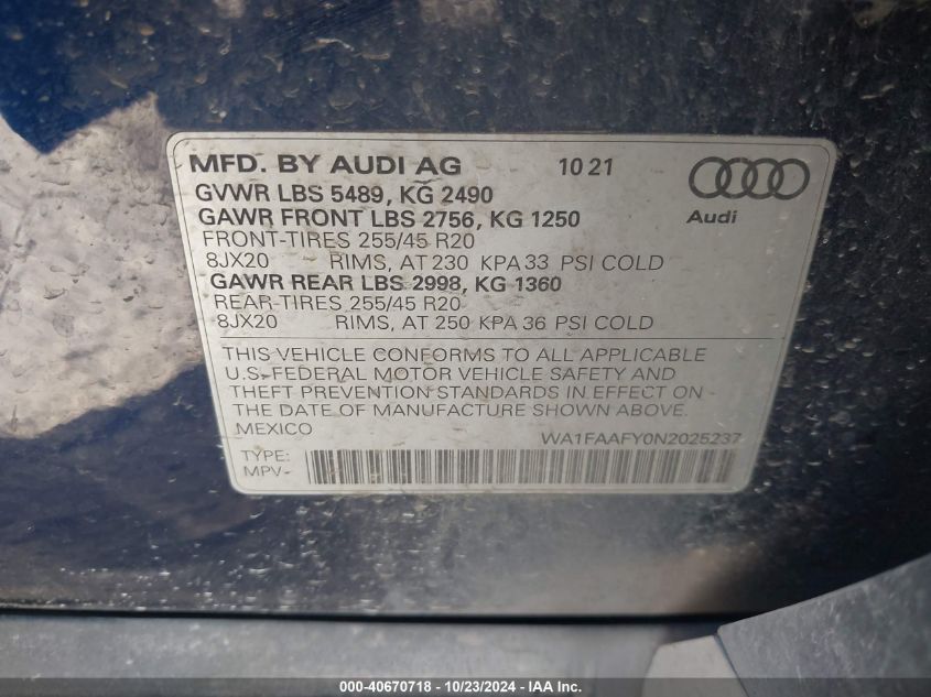 2022 Audi Q5 Prestige 45 Tfsi S Line Quattro S Tronic VIN: WA1FAAFY0N2025237 Lot: 40670718