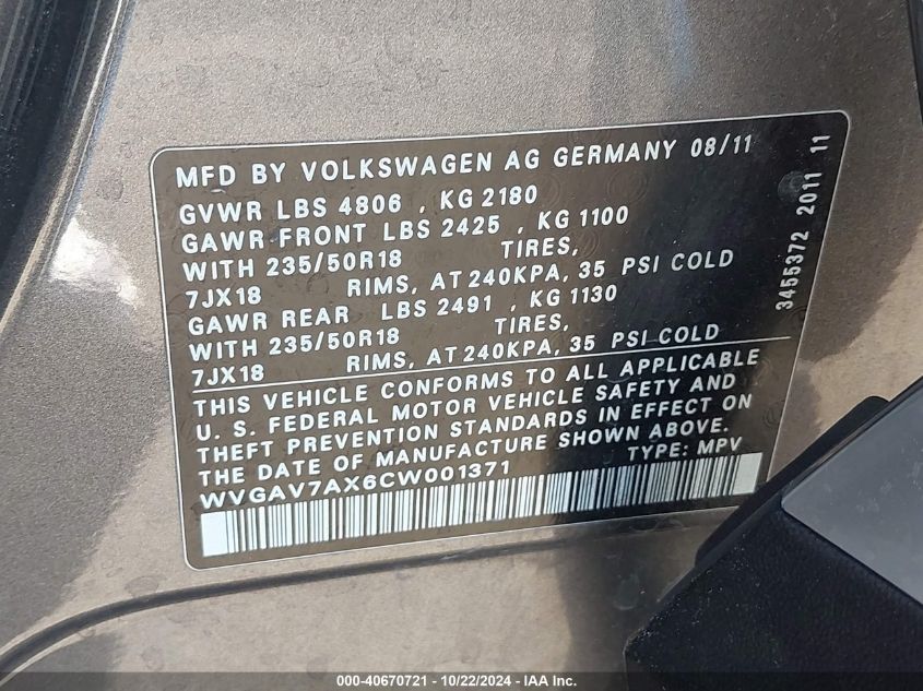 2012 Volkswagen Tiguan Se VIN: WVGAV7AX6CW001371 Lot: 40670721