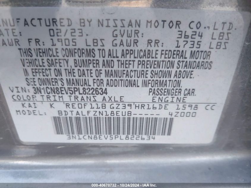 2023 Nissan Versa Sv VIN: 3N1CN8EV5PL822634 Lot: 40670732