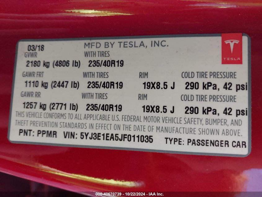 2018 TESLA MODEL 3 LONG RANGE/MID RANGE - 5YJ3E1EA5JF011035